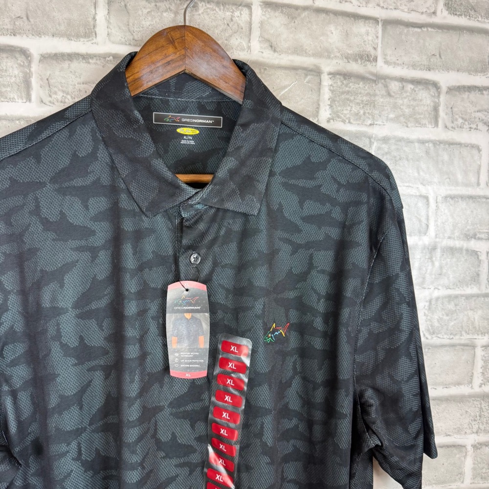 Greg Norman Play Dry Mens XL Shark Print Golf Polo Shirt Black Charcoal NWT